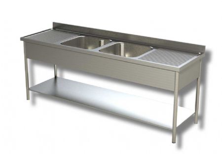 Plonge inox adosse 2 bacs avec 2 egouttoirs et 1 tagre infrieure - 2200x600x850 mm