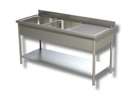 Plonge inox 2 bacs 1 tagre infrieure avec egouttoir  droite et dosseret - 1400x700x850 mm