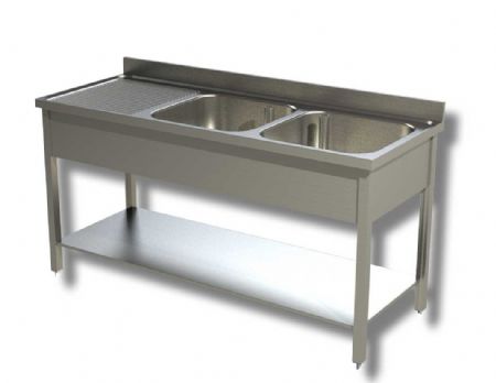 Plonge inox adosse 2 bacs avec egouttoir  gauche et 1 tagre infrieure - 1400x600x850 mm