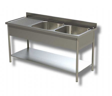 Plonge inox 2 bacs 1 tagre infrieure avec egouttoir  gauche et dosseret - 1400x700x850 mm