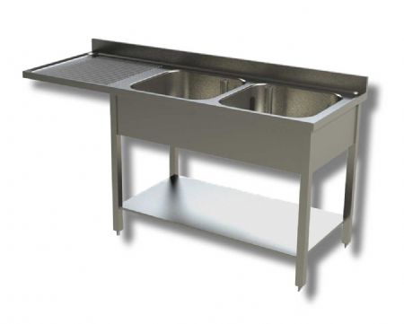 Plonge inox 2 bacs 1 tagre avec passage lave vaisselle  gauche et dosseret - 1600x600x850 mm