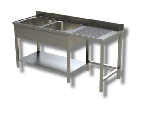 Plonge inox 2 bacs 1 tagre avec dosseret et passage lave vaisselle  droite - 1600x600x850 mm