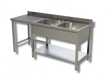 Plonge inox 2 bacs 1 tagre avec dosseret et passage lave vaisselle  gauche - 1600x600x850 mm