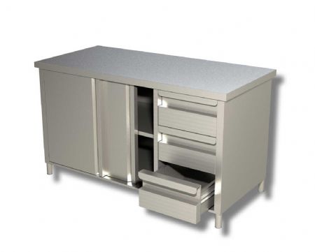 Meuble bas de rangement inox 430 avec 2 portes coulissantes et 3 tiroirs - 1000x600x850 mm