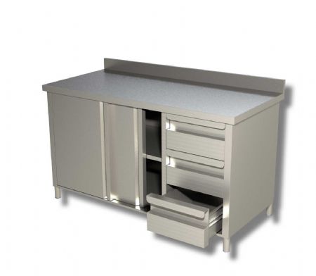 Meuble bas de rangement inox 430 adoss avec 2 portes coulissantes et 3 tiroirs - 1000x600x850 mm