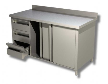 Meuble bas de rangement inox 430 adoss avec 2 portes coulissantes et 3 tiroirs - 1000x600x850 mm