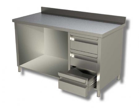 Meuble inox 430 avec dosseret et 3 tiroirs et tagre intermdiaire - 1000x600x850 mm