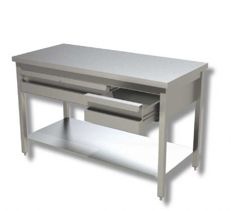 Table de travail inox 430 avec tablette infrieure et 2 tiroirs - 1000x600x850 mm