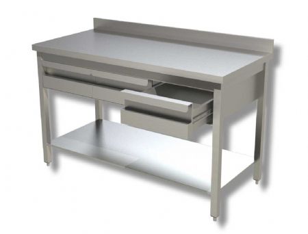 Table inox 430 pour le travail 2 tiroirs avec dosseret et tablette infrieure - 1000x600x850 mm