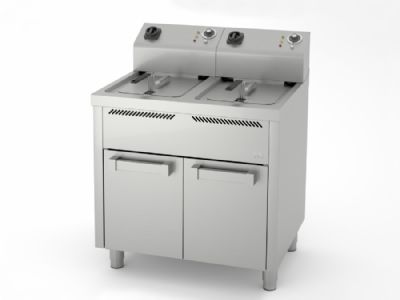 Friteuse professionnelle triphas sur placard avec portes 2 cuves 10+10 litres - 6+6 kW - 800x600x1042 mm