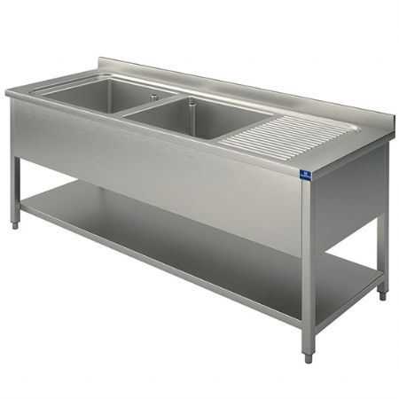 Evier professionnel 2 bacs plateau d'gouttage  droite sur pitement avec tagre infrieure 1600x700 mm