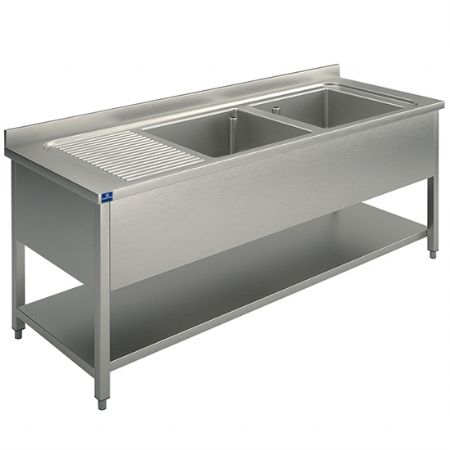 Evier professionnel 2 bacs plateau d'gouttage  gauche sur pitement avec tagre infrieure 1600x700 mm