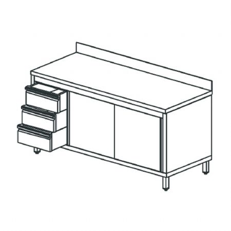 Table de travail avec armoire neutre avec bloc tiroir  gauche avec portes coulissantes et dosseret 1600x700 mm