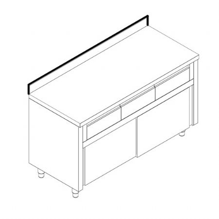 Table de travail avec armoire neutre avec 3 tiroirs horizontaux avec portes coulissantes et dosseret 1400x600 mm