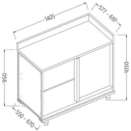 Meuble arrire angulaire droite neutre, avec tablette service 1405x550x1050 mm