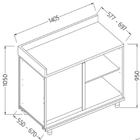 Meuble arrire angulaire gauche neutre, avec tablette service 1405x550x1050 mm