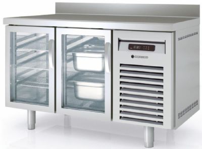 Table inox froid ngatif avec dosseret et 2 portes vitres GN 1/1 - 1345x700x850 mm