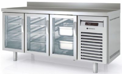 Table inox froid ngatif avec dosseret et 3 portes vitres GN 1/1 - 1795x700x850 mm