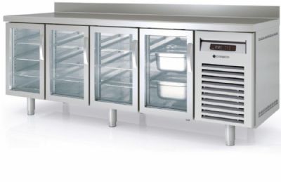 Table inox froid ngatif avec dosseret et 4 portes vitres GN 1/1 - 2245x700x850 mm