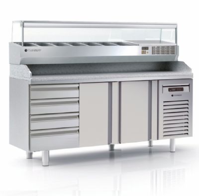 Table  pizza inox froid positif dessus granit avec 2 portes et 7 tiroirs neutres - 1795x700x850 mm