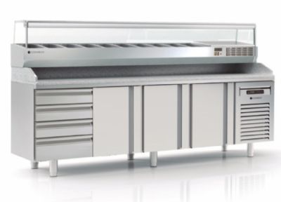 Table  pizza inox froid positif dessus granit 5 bacs 600x400 avec 3 portes et 7 tiroirs neutres - 2545x800x850 mm