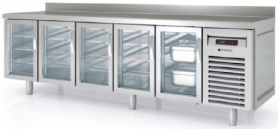 Table inox froid positif avec dosseret et 5 portes vitres GN 1/1 - 2695x700x850 mm