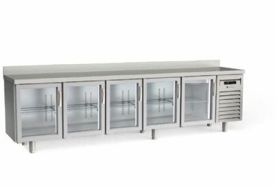 Table inox positive avec dosseret et 5 portes vitres -  3070x600x850 mm