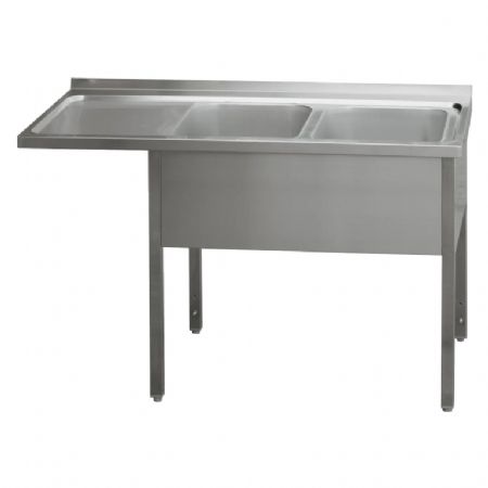 Table de lavage pour cuisine professionnelle 150x70x90 cm 2 viers gouttoir gauche