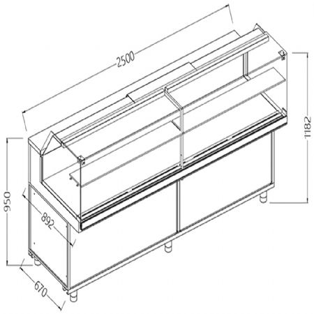 Vitrines neutres pour snacks_vitres basses 2500x892x1182 mm