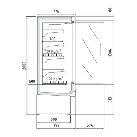 Vitrine murale rfrigre, ventil avec groupe, 2 portes battantes 1310x797x2000 mm