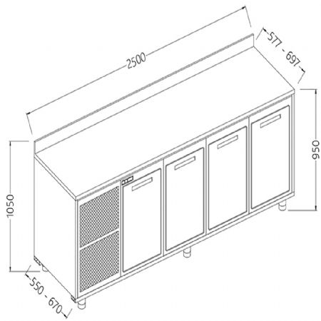 Meuble arrire neutre, avec dosseret 2500x550x1050 mm