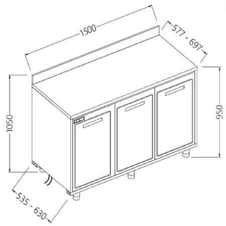 Arrire-comptoirs rfrigrs T.N. moteur  distance avec dosseret 1500x535x1050 mm