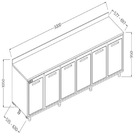 Arrire-comptoirs rfrigrs T.N. moteur  distance avec dosseret 3000x535x1050 mm