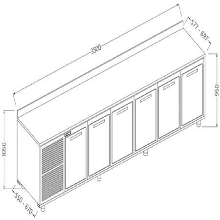 Meuble arrire neutre, avec dosseret 3500x670x1050 mm