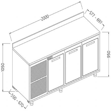 Meuble arrire neutre, avec dosseret 2000x550x1050 mm