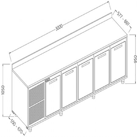 Meuble arrire neutre, avec dosseret 3000x550x1050 mm