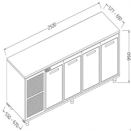 Arrire-comptoirs rfrigrs T.N. avec moteur sans dosseret 2500x550x950 mm