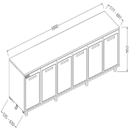 Arrire-comptoirs rfrigrs T.N. moteur  distance sans dosseret 3000x535x950 mm