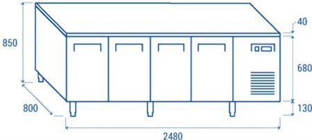 Table rfrigre positive +0 / +8 600X400 4 portes inox 750L - 2480x800x850 mm