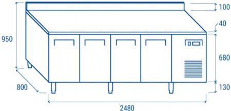 Table rfrigre positive +0 / +8 600X400 4 portes avec dosseret inox 750L - 2480x800x950 mm