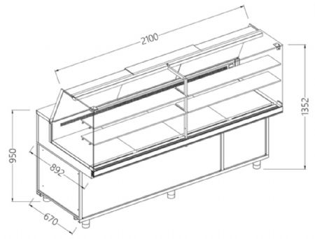 Comptoir vitrine neutre x boulangerie EN & GN, vitre haute 2100x890x1350 mm