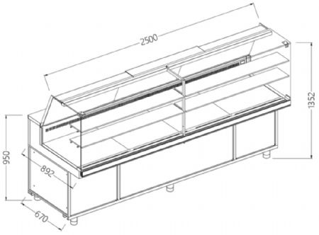 Comptoir vitrine neutre x boulangerie EN & GN, vitre haute 2500x890x1350 mm