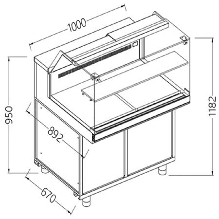 Comptoir vitrine neutre x boulangerie EN & GN, vitre basse 1000x890x1180 mm