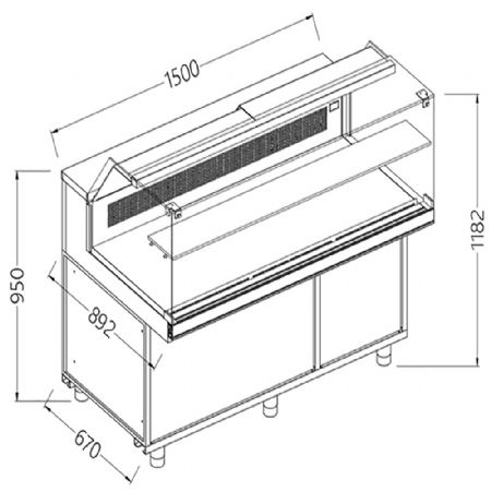 Comptoir vitrine neutre x boulangerie EN & GN, vitre basse 1500x890x1180 mm