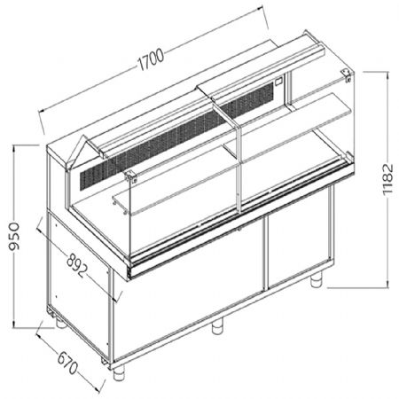 Comptoir vitrine neutre x boulangerie EN & GN, vitre basse 1700x890x1180 mm