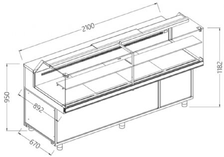 Comptoir vitrine neutre x boulangerie EN & GN, vitre basse 2100x890x1180 mm