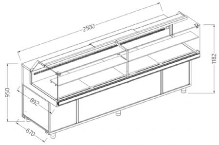 Comptoir vitrine neutre x boulangerie EN & GN, vitre basse 2500x890x1180 mm