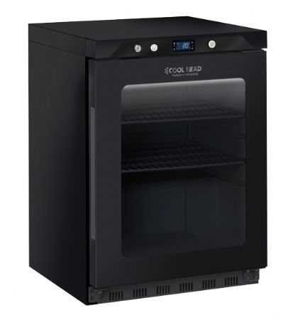 Rfrigrateur 1 porte vitre  double verre de scurit tremp  capacit 200 Litres 2 tagres + 1 en bas  noire R600A