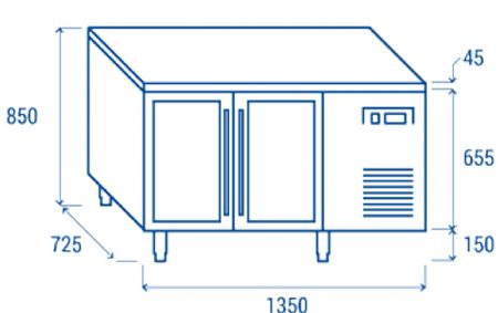 Table rfrigre positive +3C  +10C  2 portes vitres GN1/1 inox 260L - 1350x725x850 mm