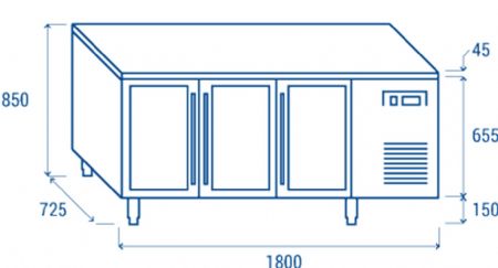 Table rfrigre positive +3C  +10C  3 portes vitres GN1/1 inox 400L - 1800x725x850 mm